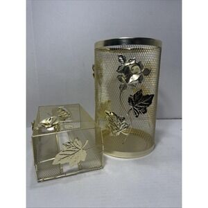 Hollywood Regency Vtg Metal Mesh Floral Wastebasket And Tissue Box Cover No Box